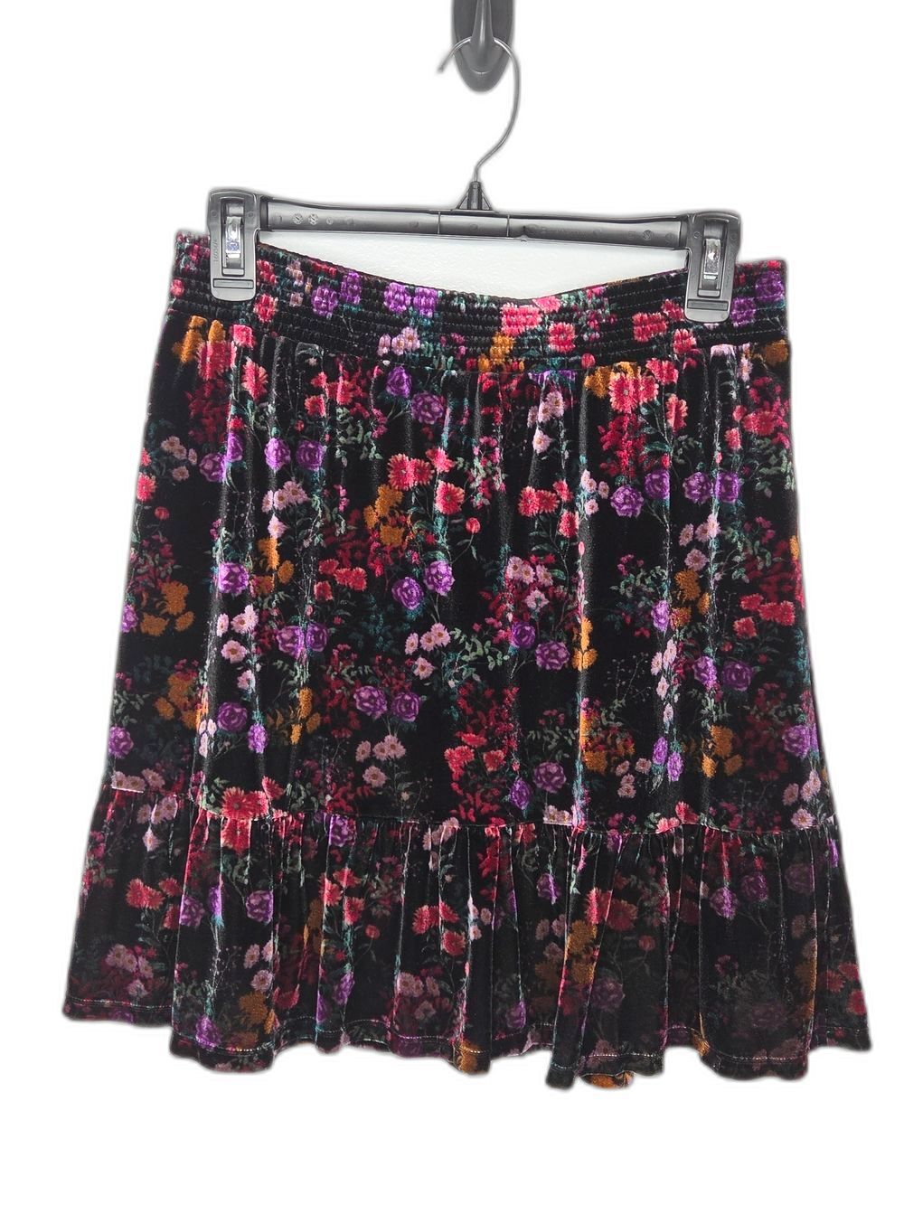LOFT Black Velvet Mini Skirt with Pink, Purple & Orange Floral Print
